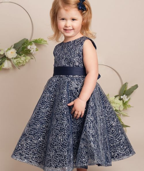 Girls Sparkly Embroidered Dress with Bow – CLIO - Navy Blue