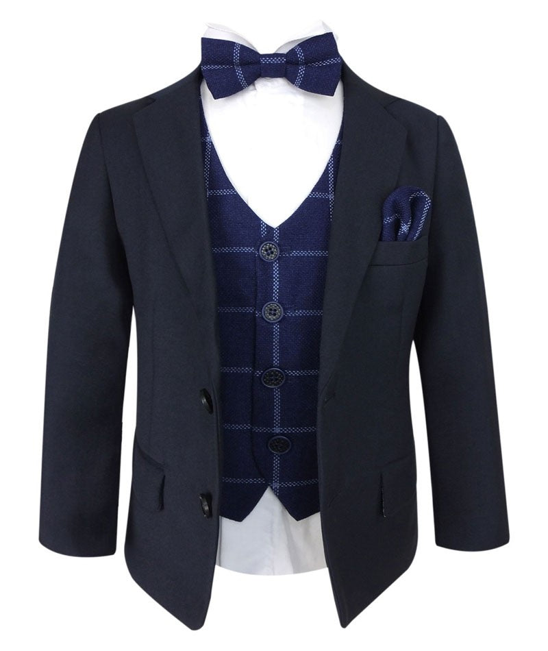 Boys Navy with Tweed Check Waistcoat Suit Set - Navy Blue