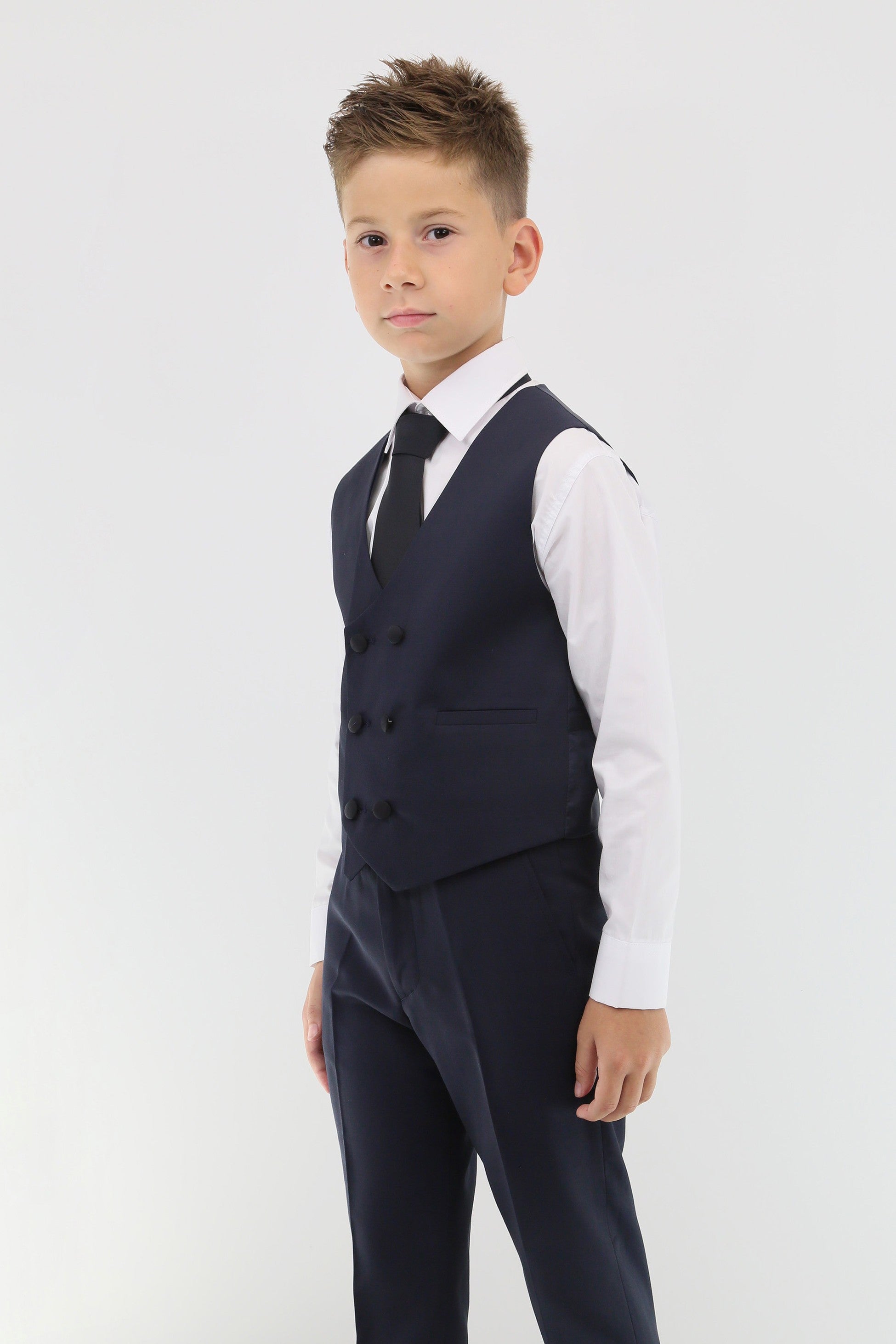 Boys Suit with Double Breasted Vest 7 PC Set - Navy Blue