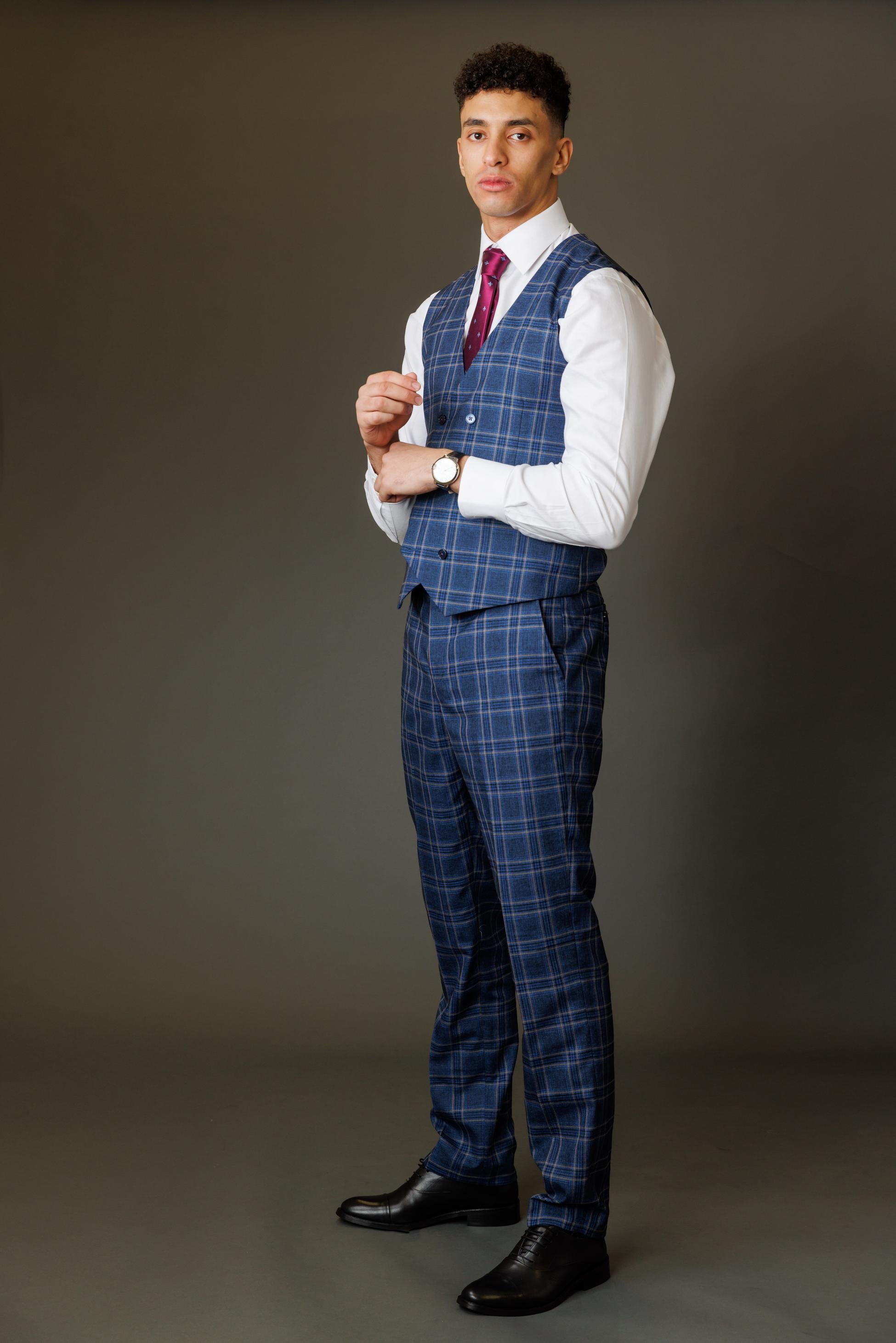 Men's Windowpane Check Slim Fit Suit - BLAKE - Navy Blue