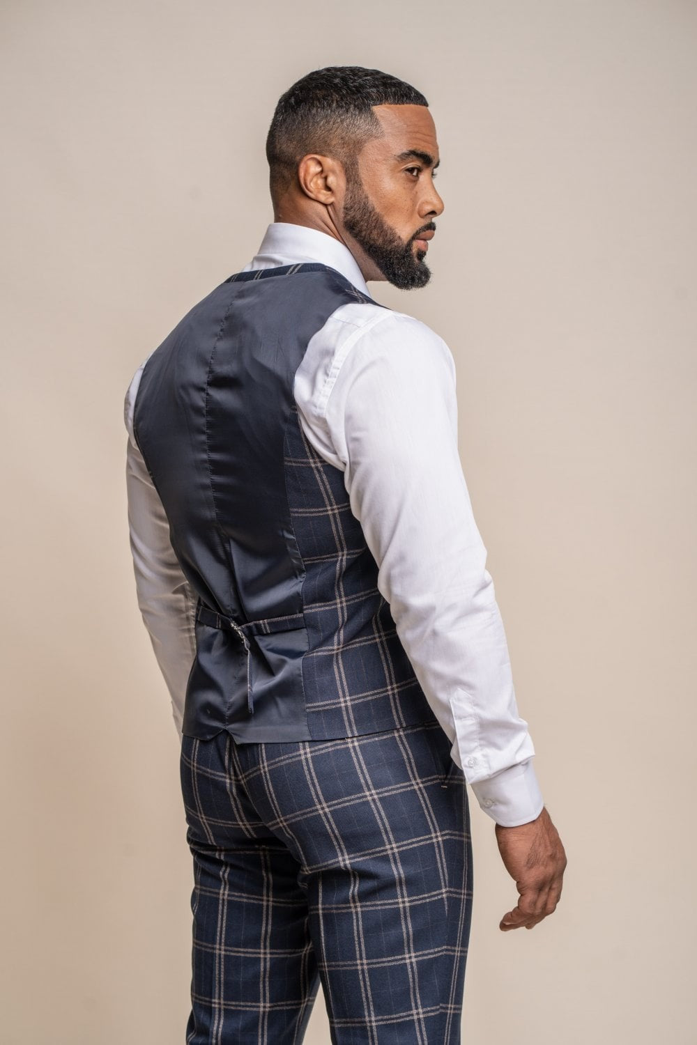 Men's Retro Check Double Breasted Waistcoat - HARDY - Navy Blue