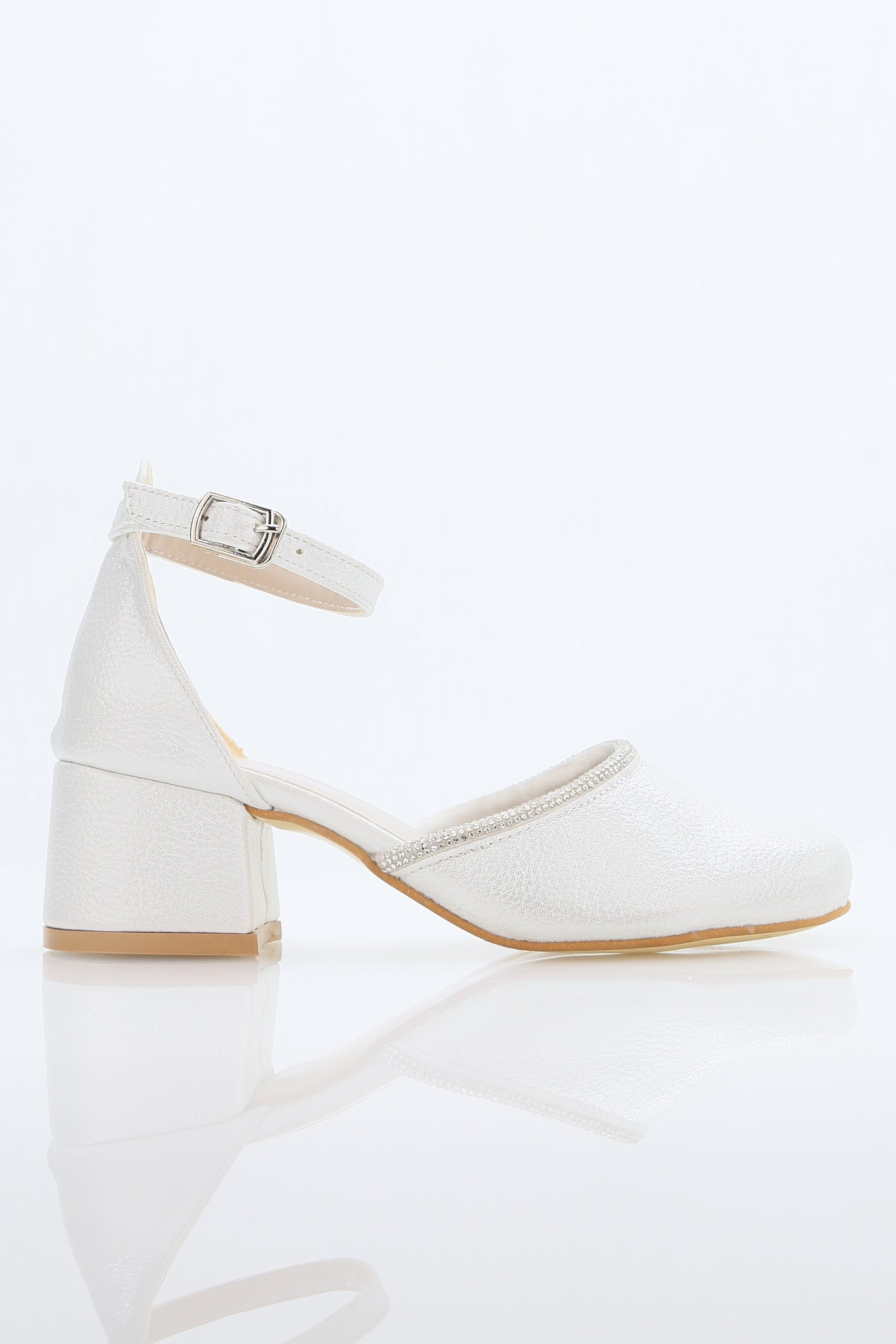 Girls' Ankle Strap Textured Block Heel Shoes – JEWEL - White