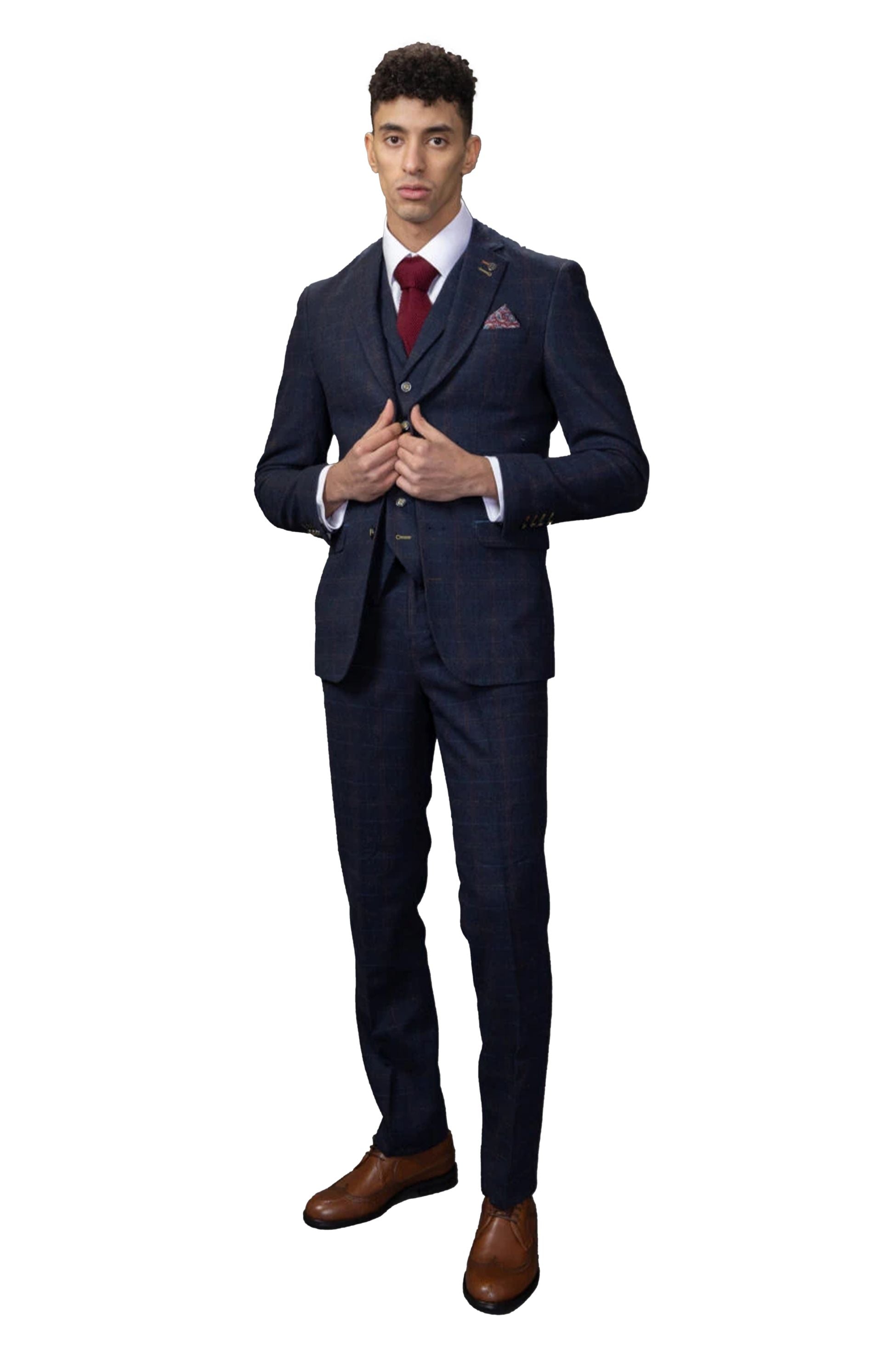 Men's Tweed Windowpane Tailored Fit Navy Suit Jacket  - RYAN - Navy Blue