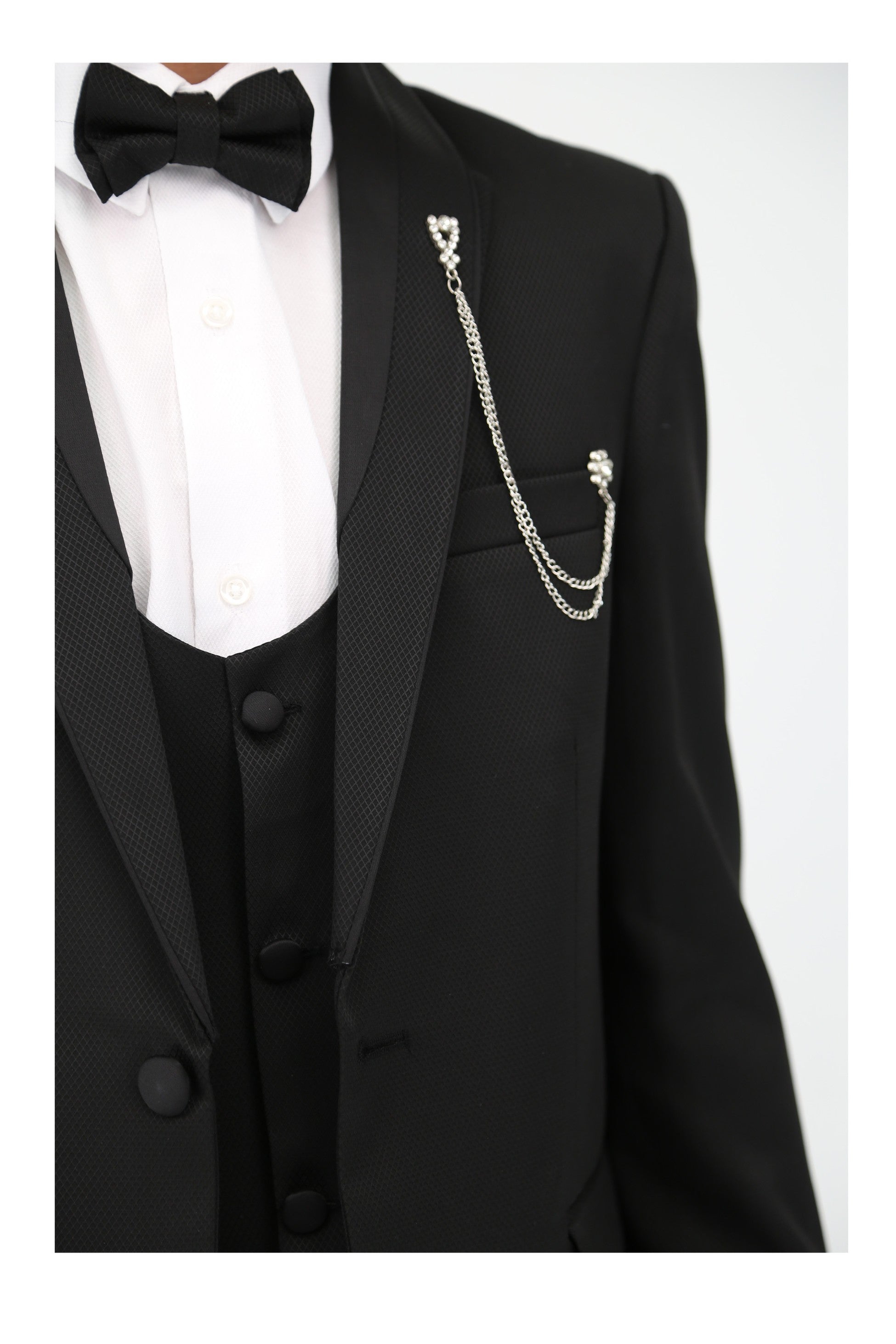 Boys' Satin Shawl Lapel Self-Patterned Tuxedo Suit, 6-Piece Set - Black