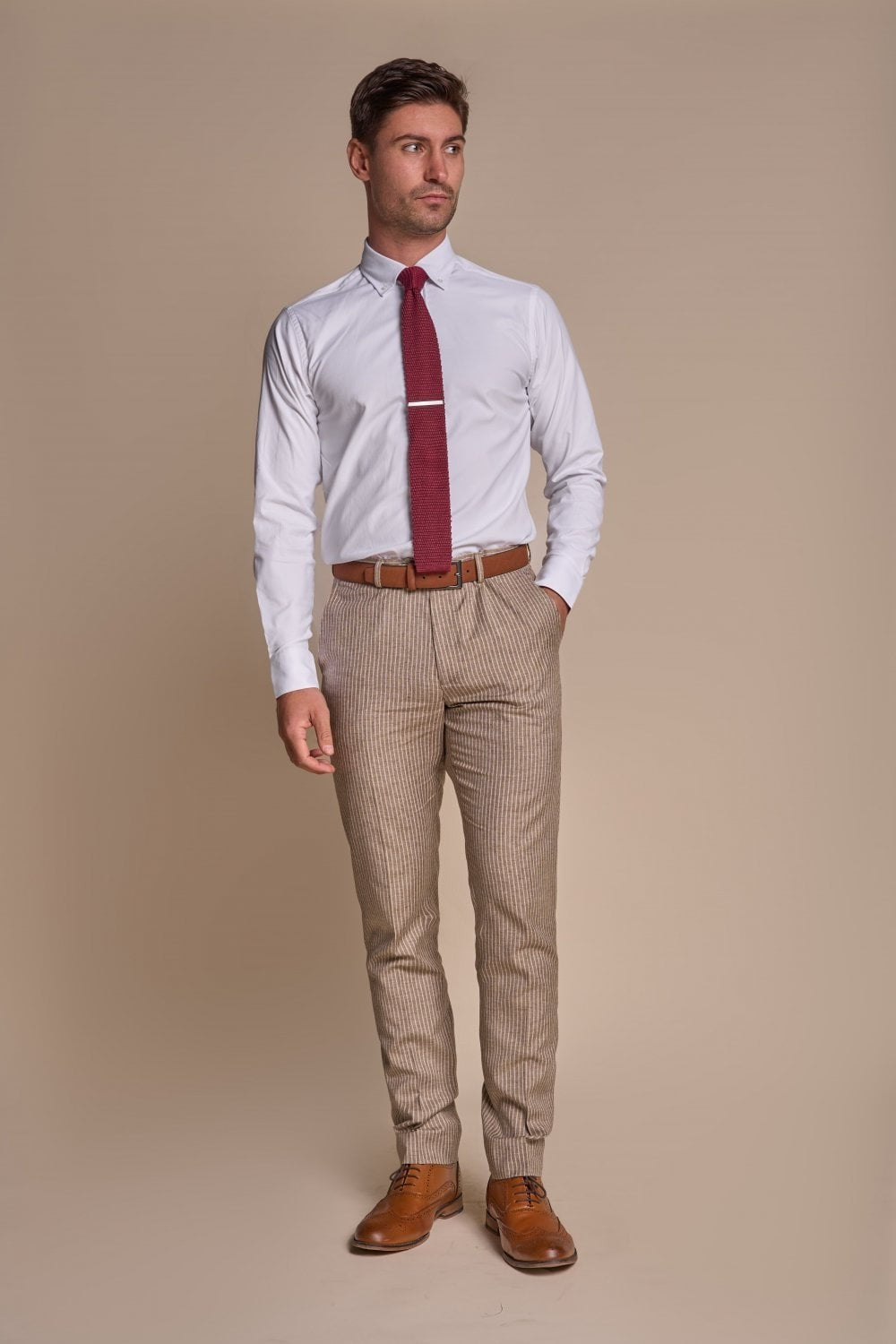 Men’s Slim Fit Pinstripe Beige Suit – KRAKEN Sand - Sand Beige