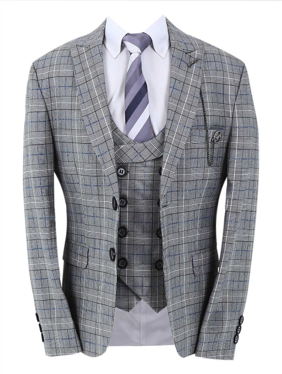 Boys Retro Check Slim Fit Suit - Grey