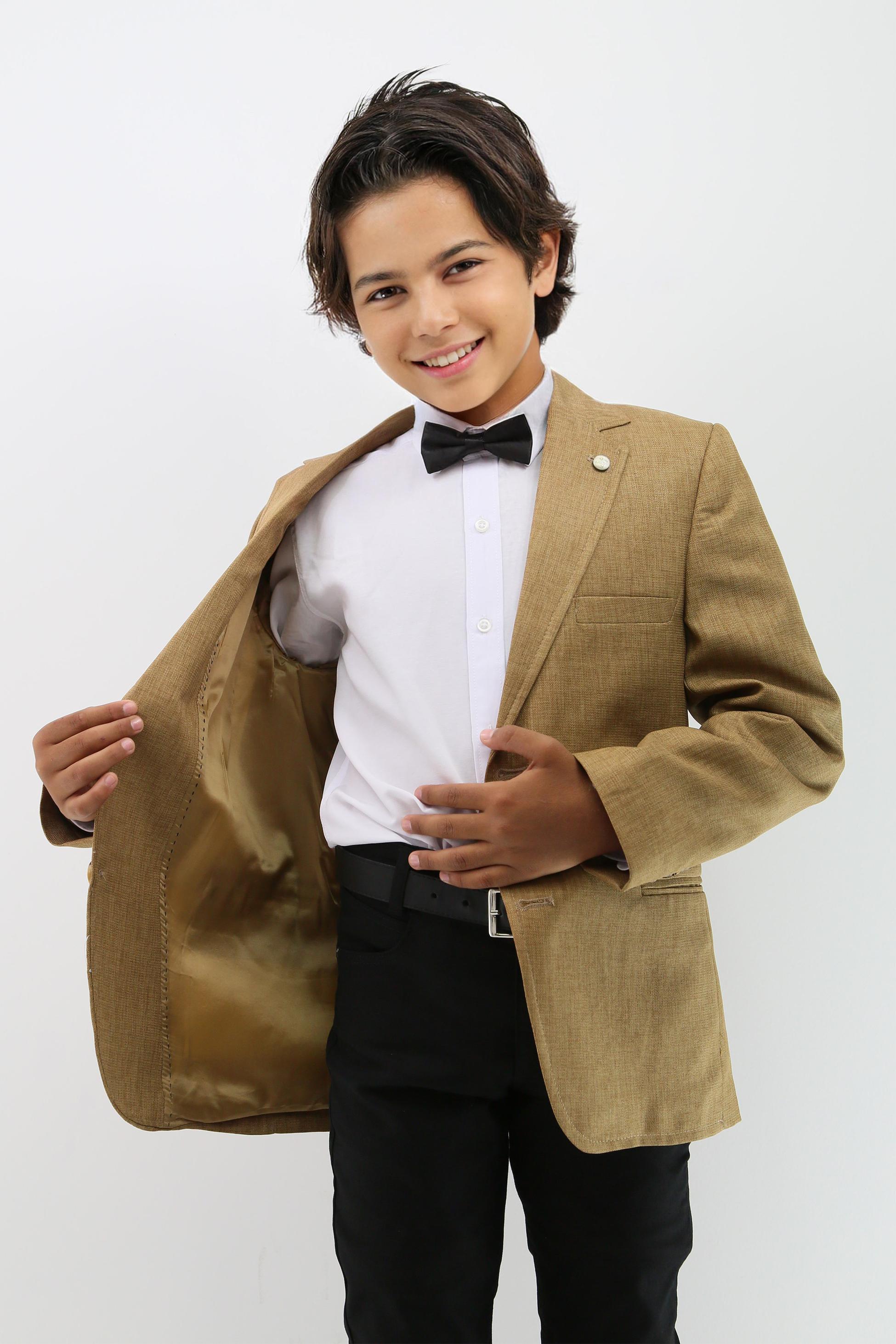 Boys' Formal Tan Brown Textured Blazer Jacket - Mustard Brown