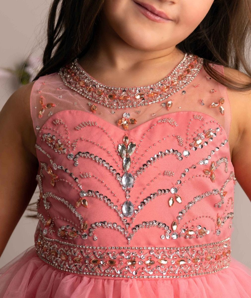 Girls Tulle Dress with Sequin Embellishments - LOLA - Coral Pink