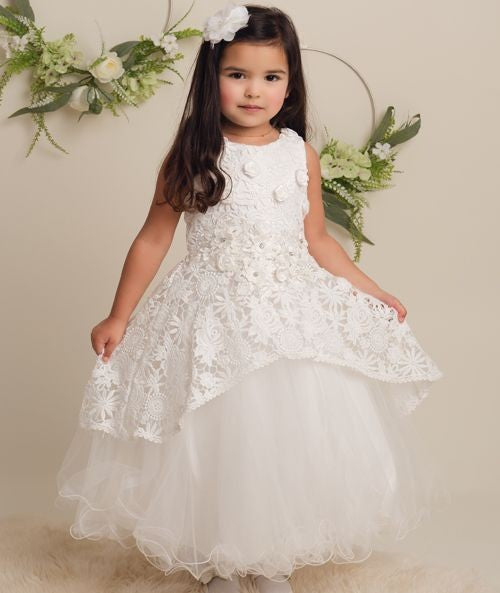 Girls Ivory Flower Lace Overlay Tulle Dress - RUBY - Ivory