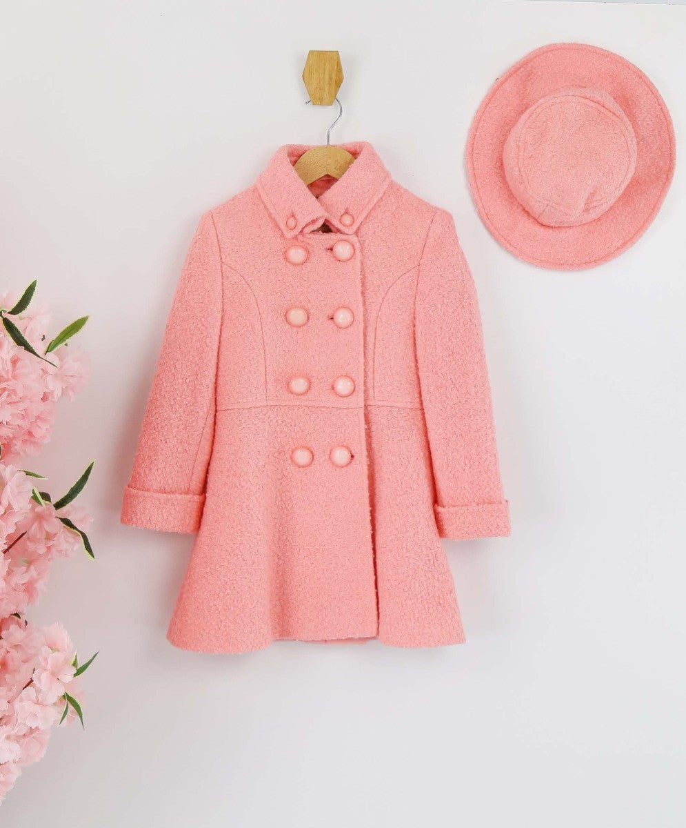 Girls Wool Double-Breasted OverCoat Set - ELIZABETH - Dark Pink