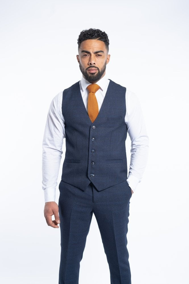 Men's Tweed Houndstooth Check Slim Fit Formal Waistcoat - CARIDI - Navy Blue