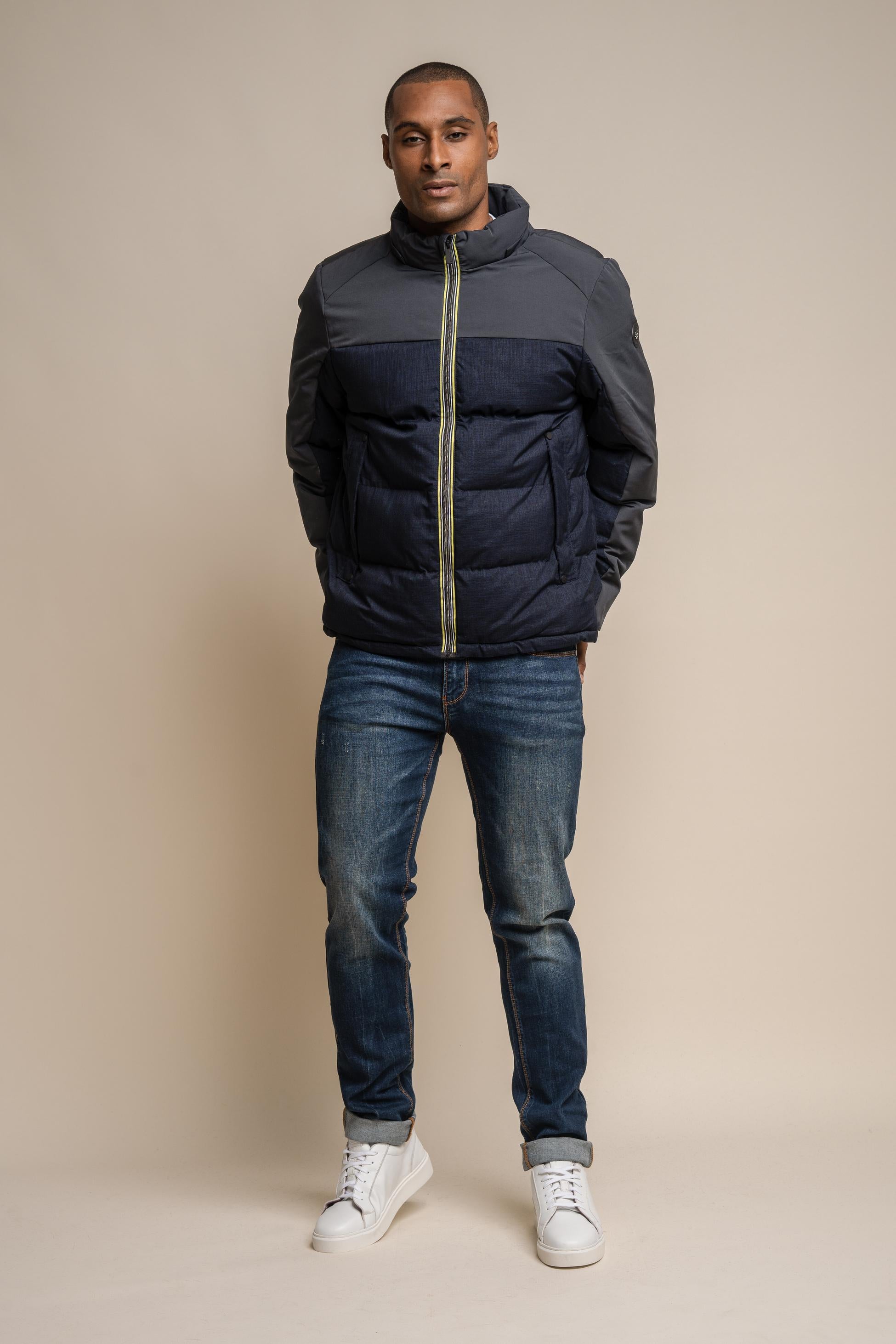 Men's Padded Midi Coat - Farros Puffer - Navy Blue and Grey