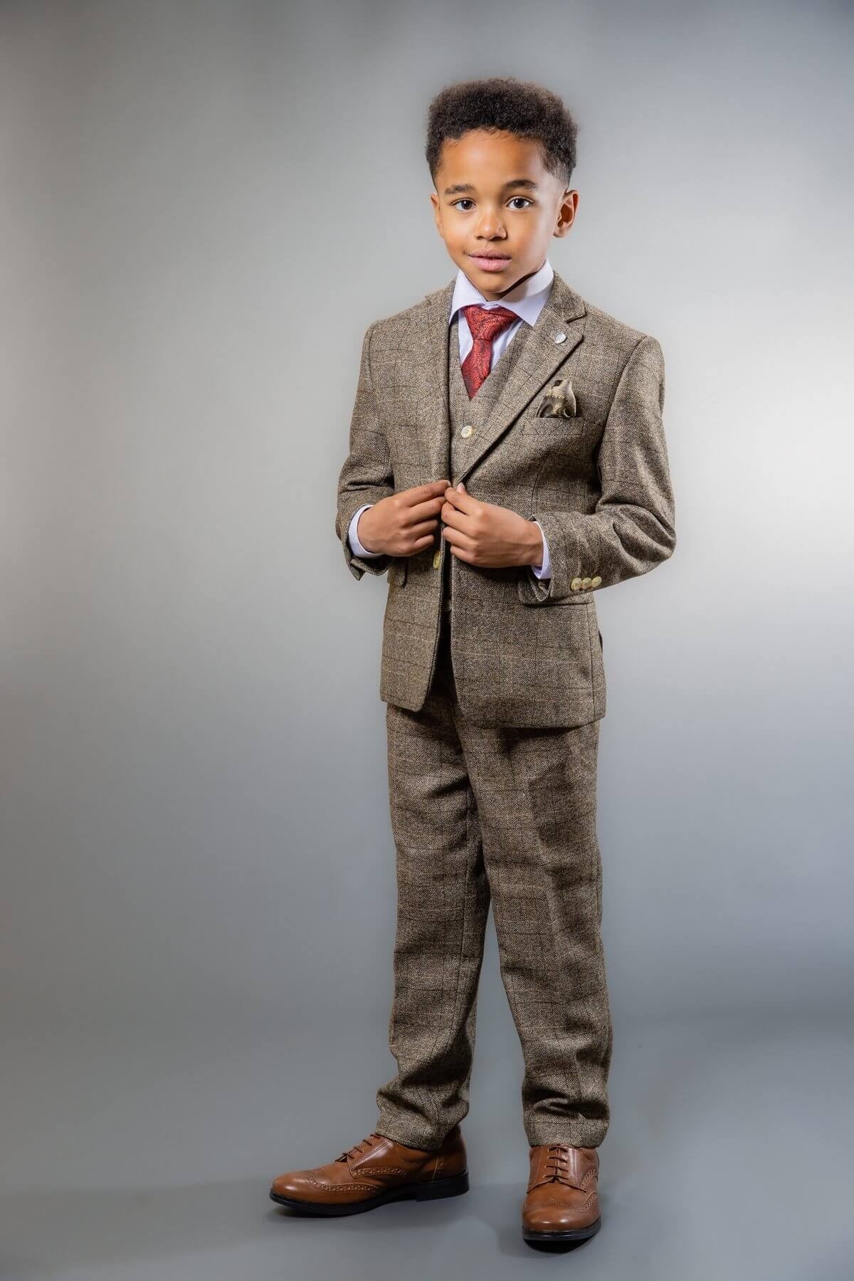 Boys Tweed Check Tailored Fit Beige Suit - LIAM - Beige