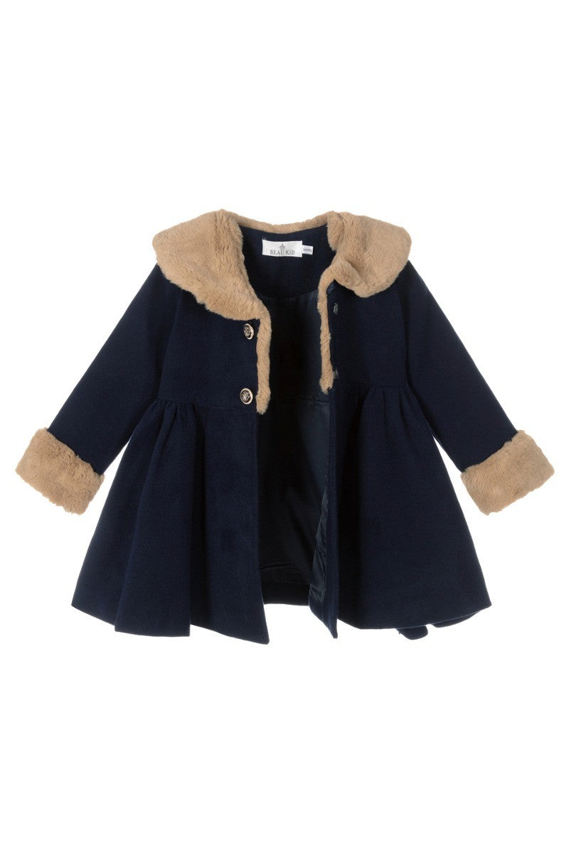 Girls Fur Midi Dress Coat 2 Piece Set - Navy Blue