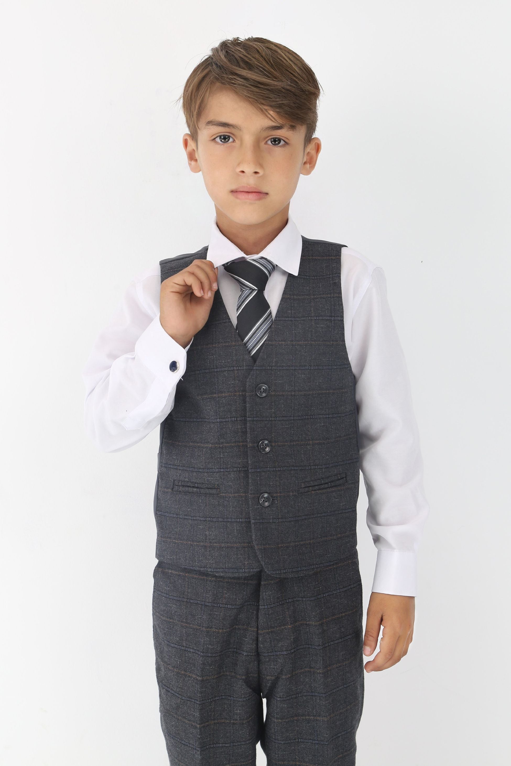 Boys Tweed Like Check Tailored Fit Formal Suit Set - Charcoal Grey