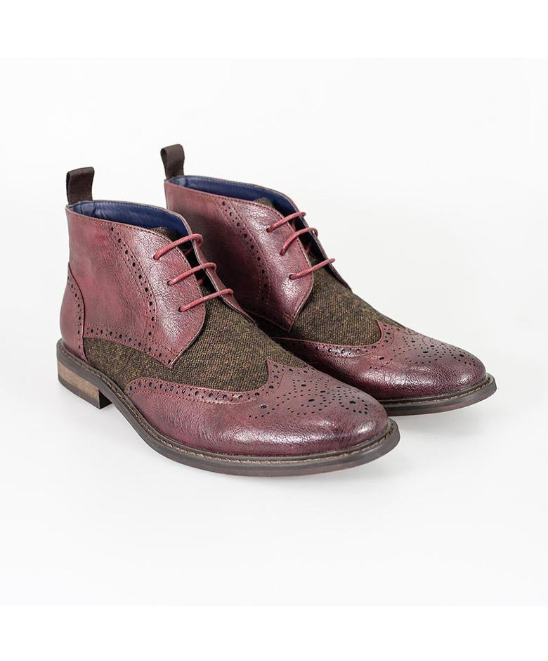 Men's Tweed Brogue Ankle Boots - CURTIS - Wine