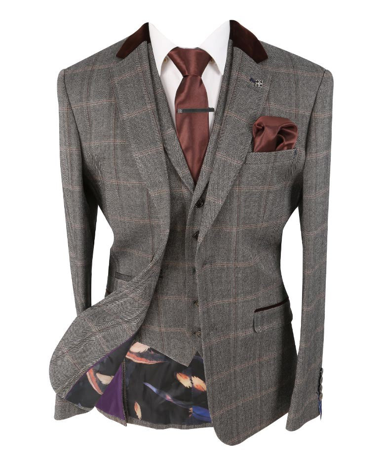 Men's Slim Fit Tweed Check Retro Suit - Connall Brown - Brown