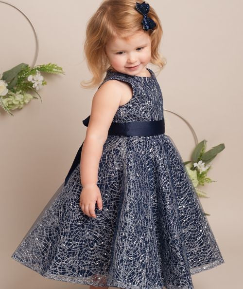 Girls Sparkly Embroidered Dress with Bow – CLIO - Navy Blue