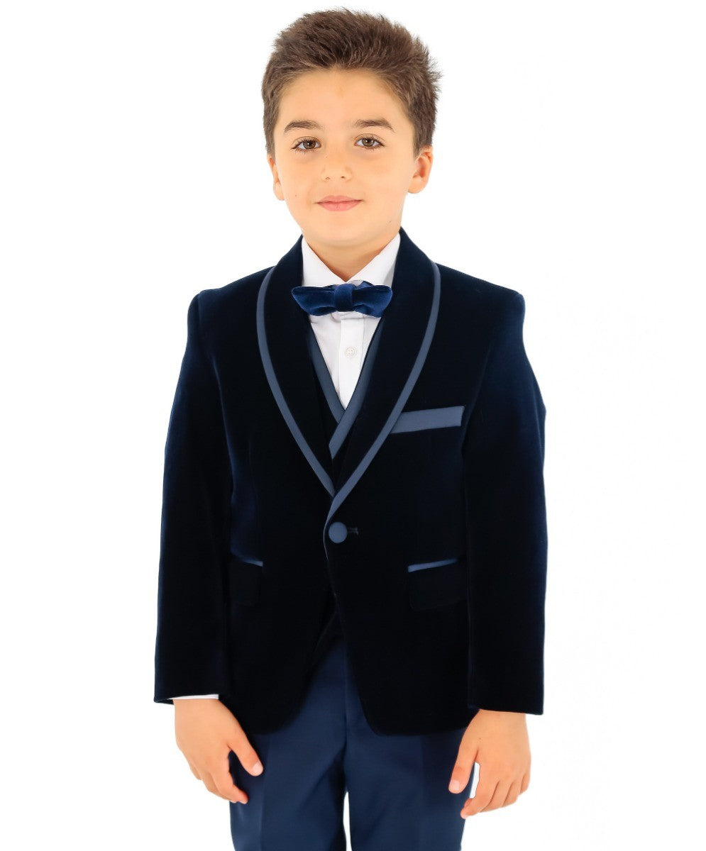 Boys Slim Fit Piping Velvet Tuxedo Suit - LONDON - Navy Blue