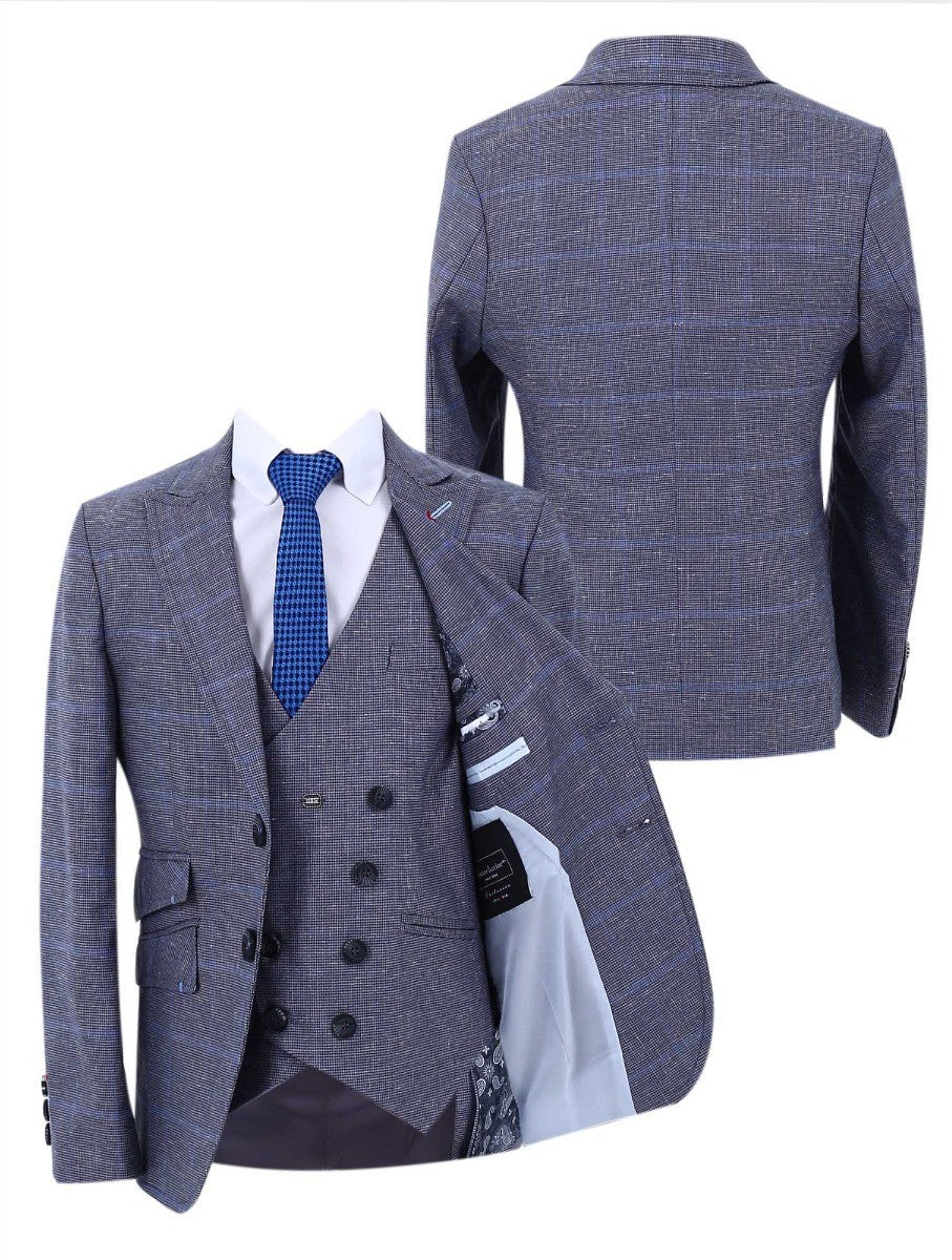 Boys Retro Check Slim Fit Formal Suit - Grey