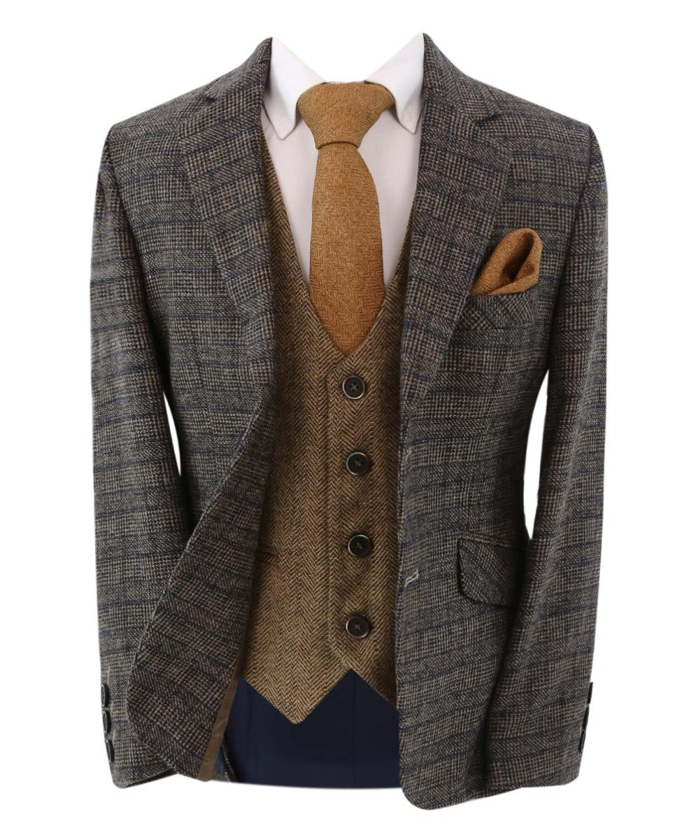 Boys Tweed Herringbone Blazer and Waistcoat Suit Set - Dark Brown