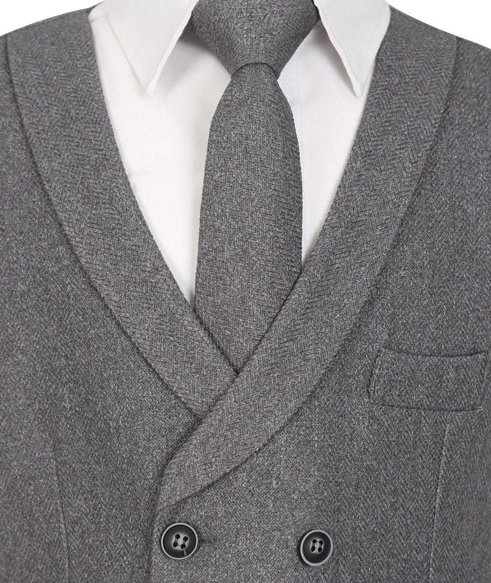 Men's and Boys Herringbone Double-breasted Waistcoat Set - Grey