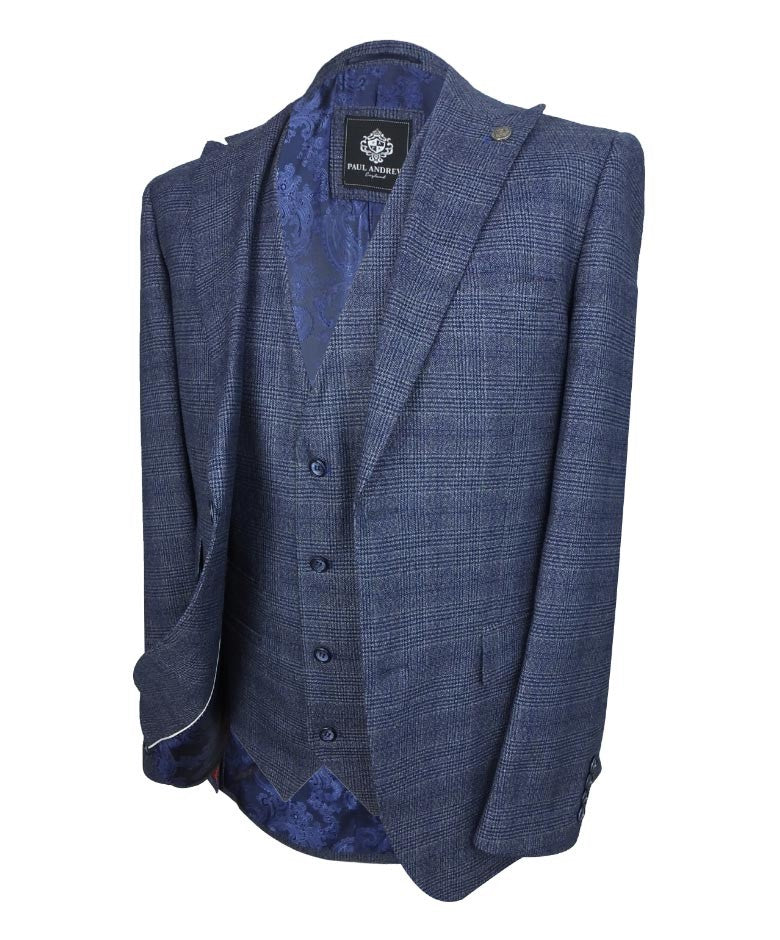 Men's Tweed Check Blue Suit - GRAHAM - Blue