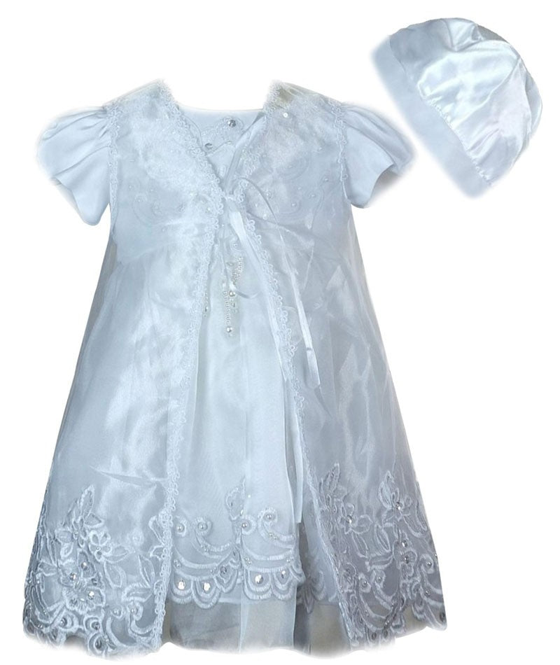 Baby Girls Christening White Gown With Bonnet - White