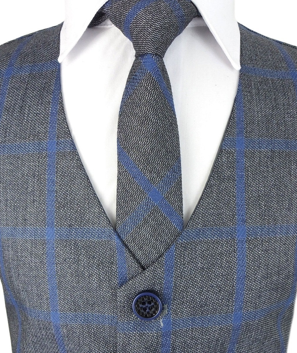 Boys Plaid Check Waistcoat Set - Grey - Blue