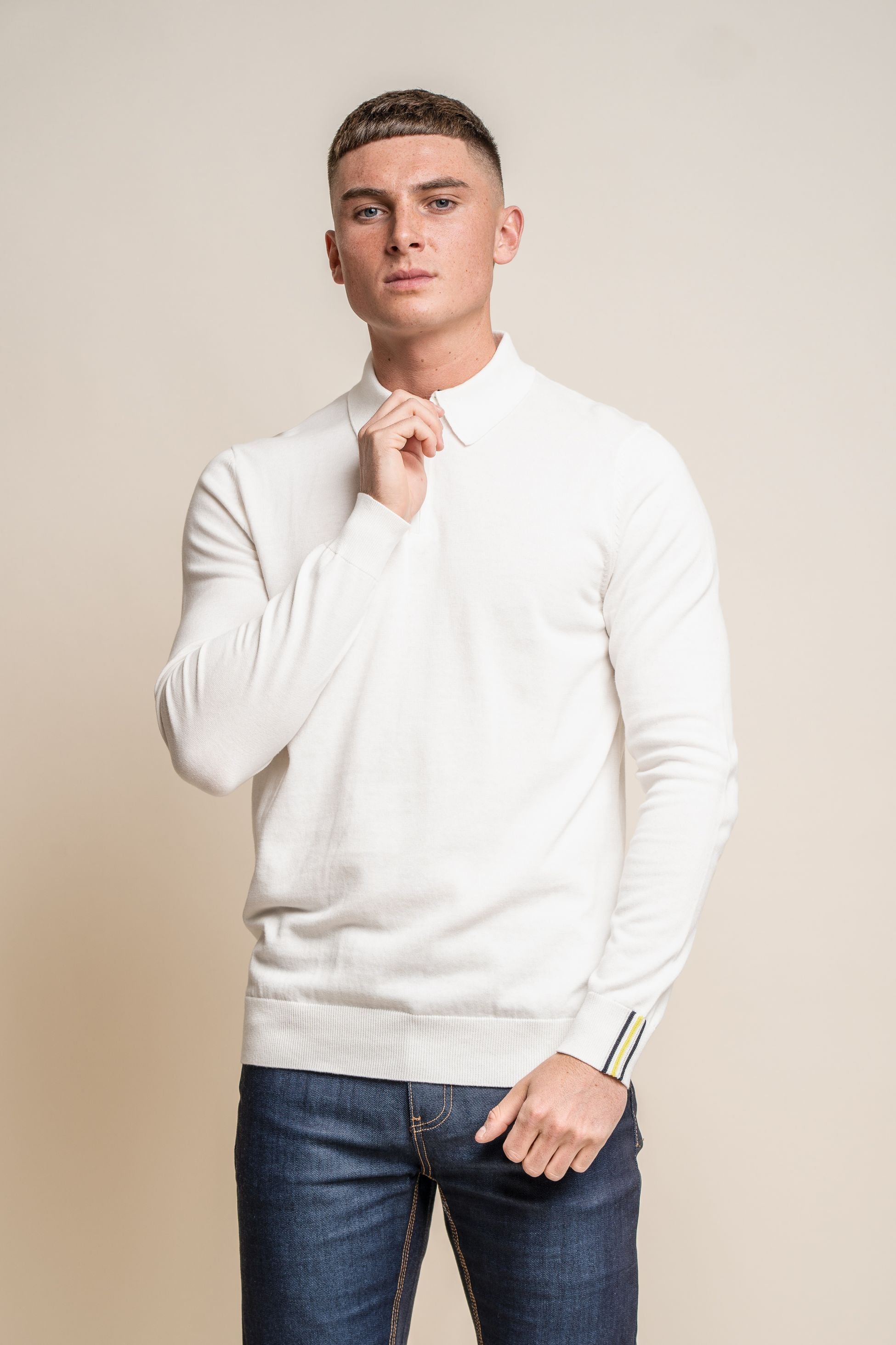 Men's Cotton Mock Neck Quarter Zip Jumper - Falcao - Ecru