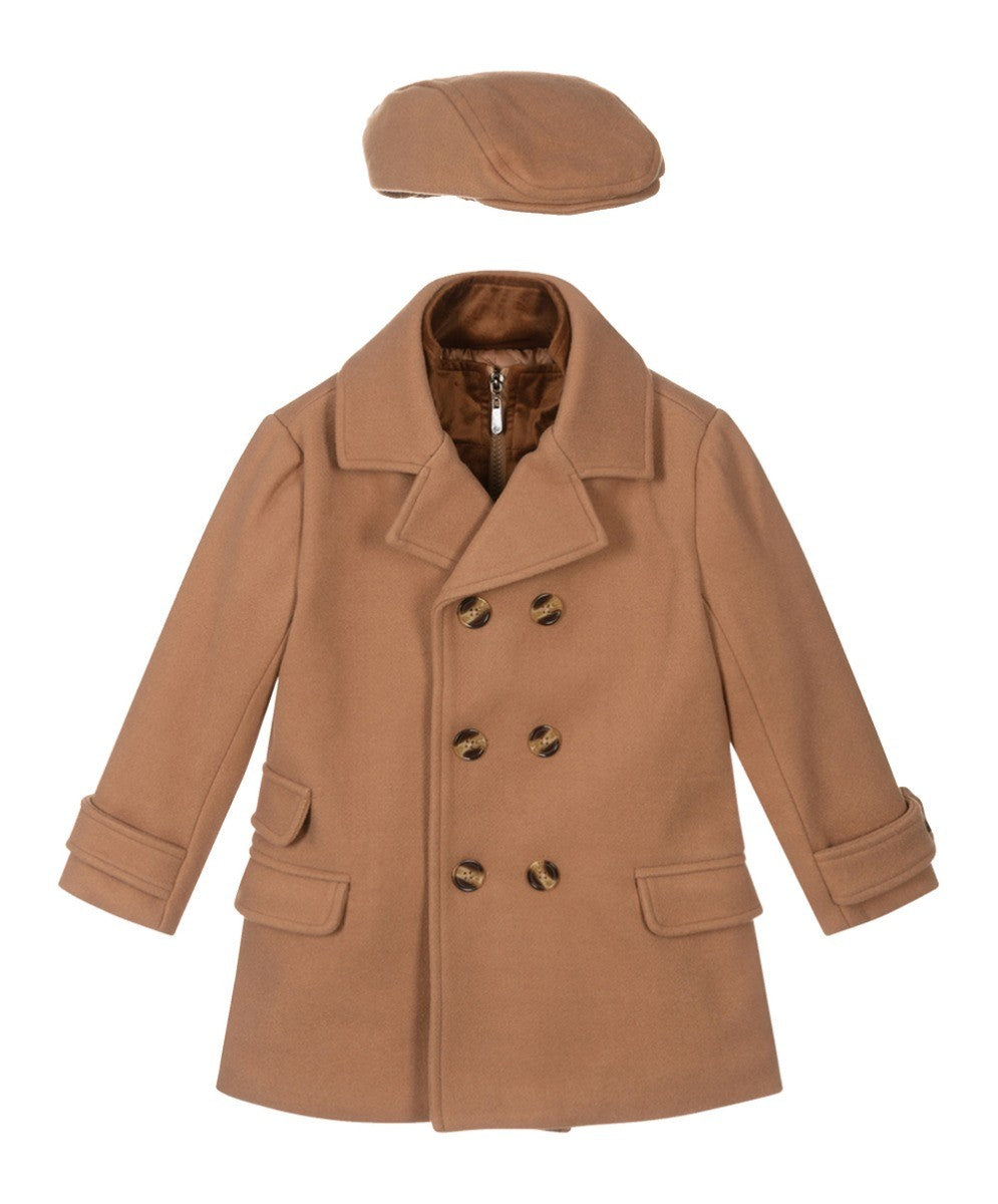 Boys Tweed Double Breasted Midi Geke Coat - Camel Beige