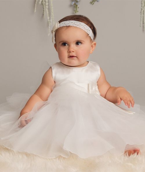 Baby Girls Christening Dress with Satin Bow - K038 - Ivory