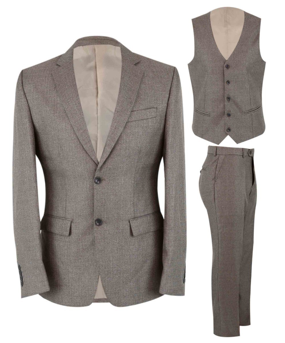 Men's Textured Tailored Fit Suit - ADRIAN - Dark Beige