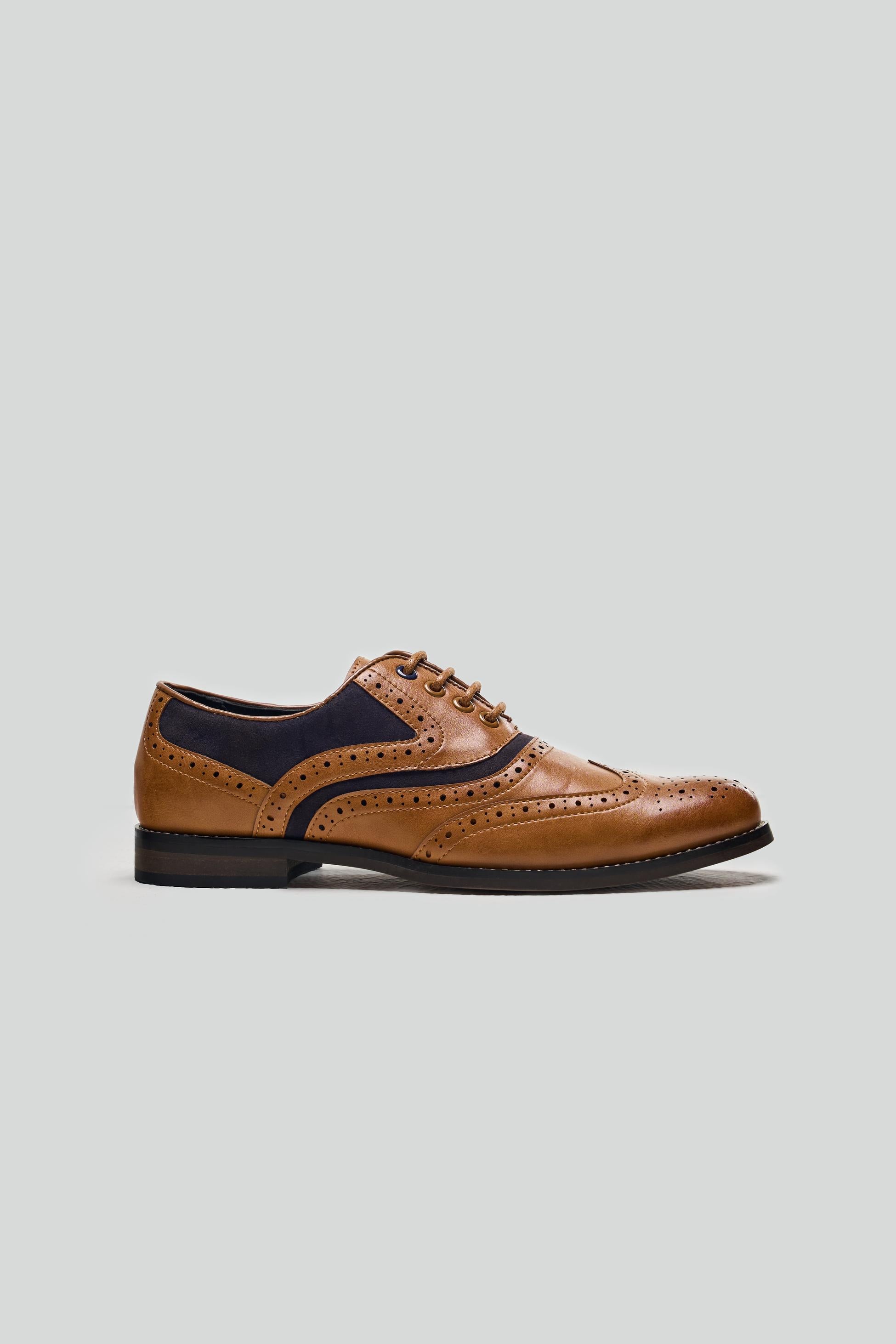 Boys Lace Up Oxford Brogue shoes - RUSSEL - Tan Brown - Navy Blue