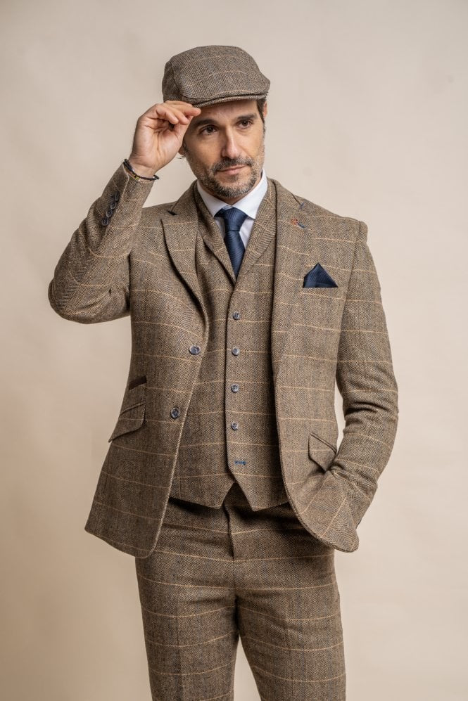 Men's Wool Blend Herringbone Check Suit - Albert - Brown