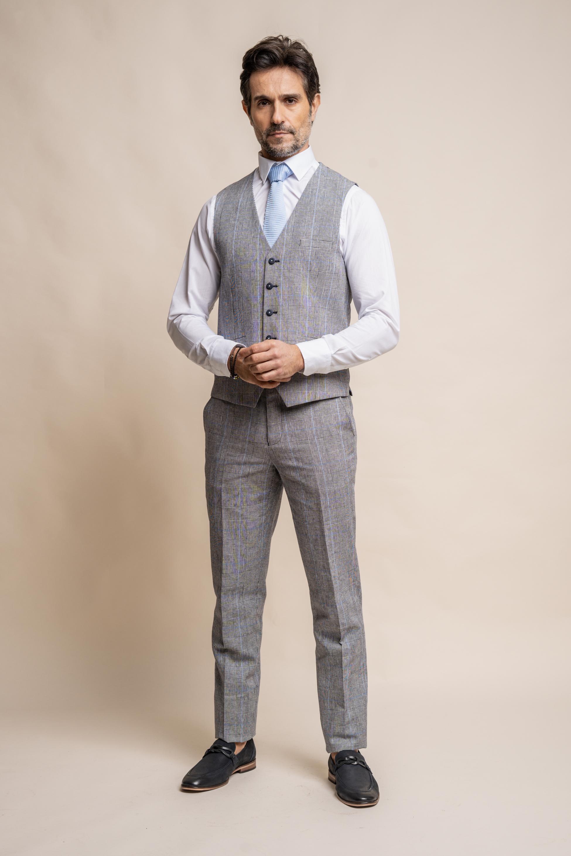 Men's Check Slim Fit Grey Waistcoat - ARRIGA - Grey