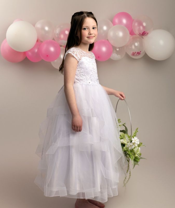 Girls White Layered Tulle Dress with Corset Back - TERRESA - White