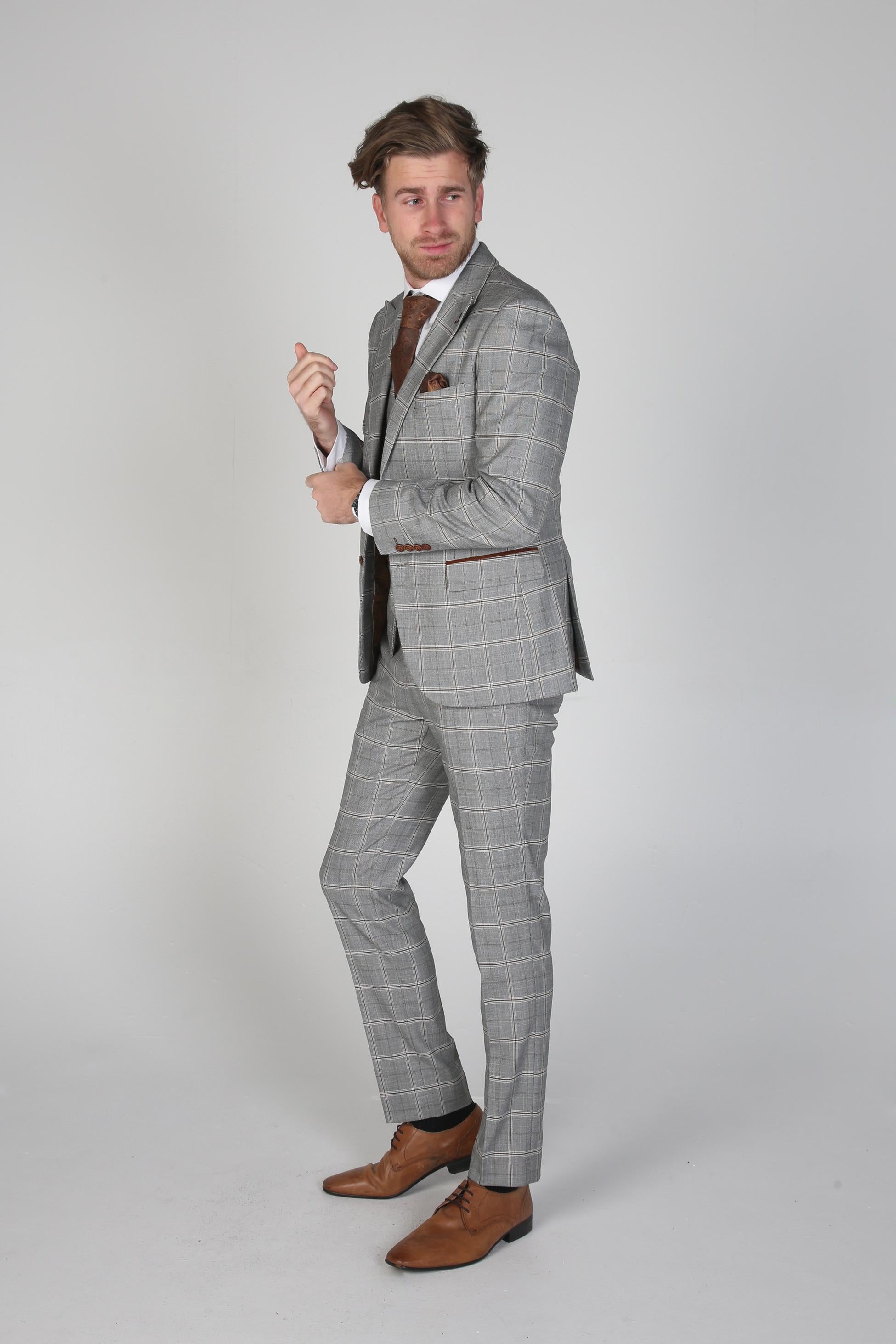 Men's Windowpane Check Grey Suit Jacket- FRANCIS - Grey