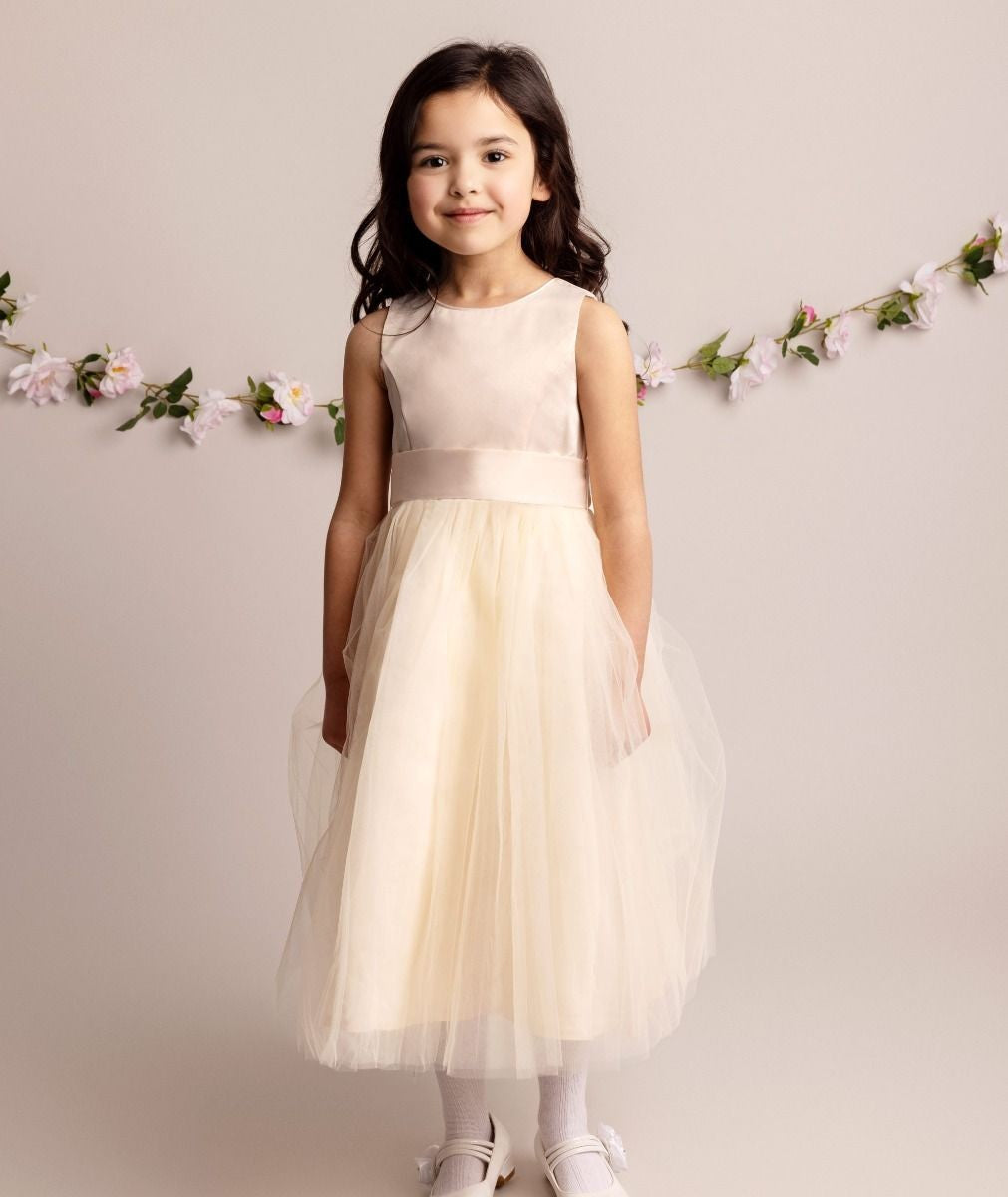 Flower Girl Dress with Tulle Skirt & Bow - HILARY - Champagne