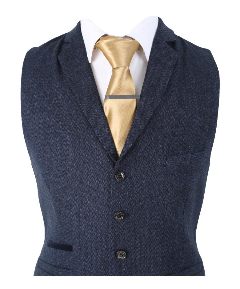 Men's Herringbone Tweed Slim Fit Waistcoat - MARTEZ - Navy Blue