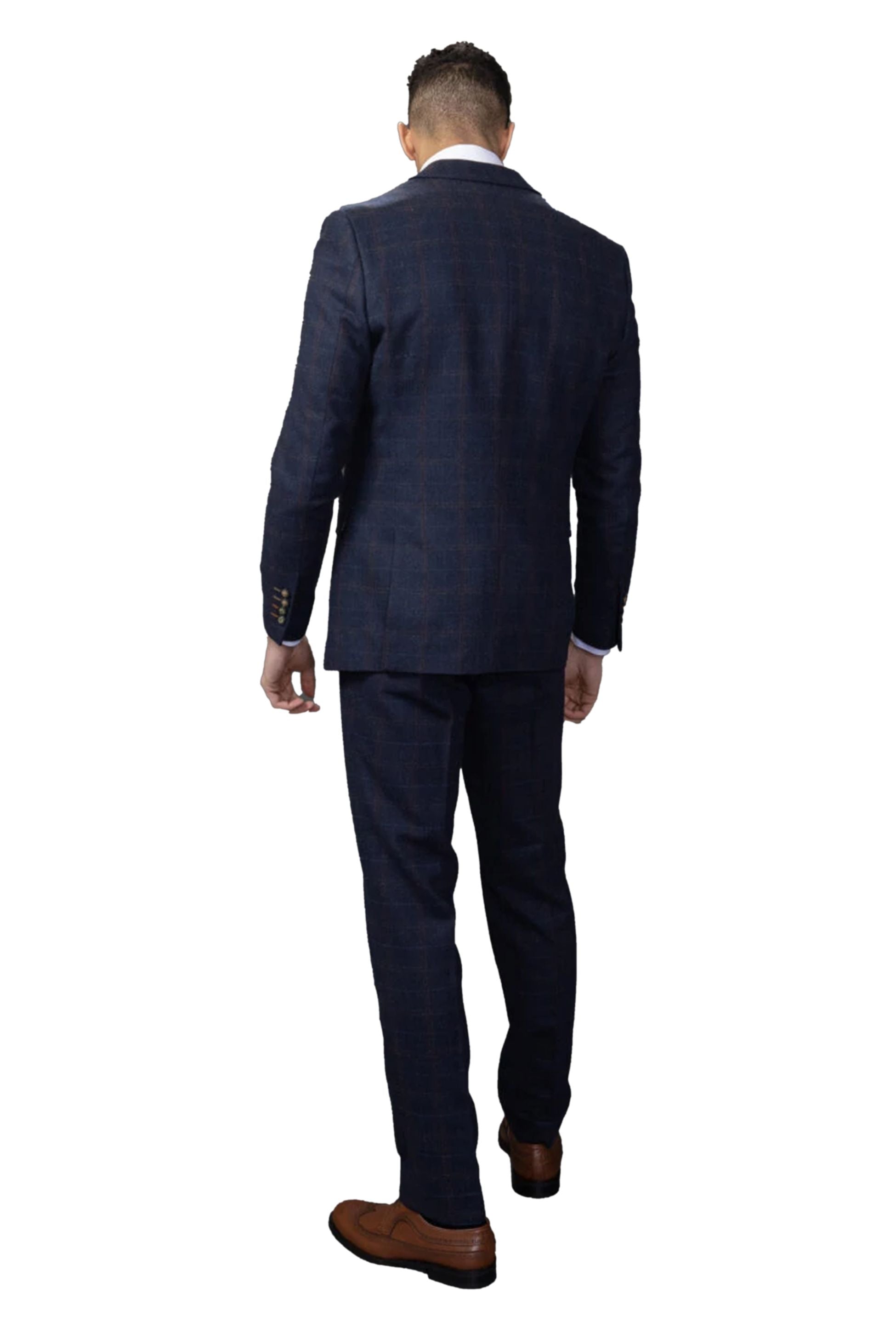 Men's Tweed Windowpane Tailored Fit Navy Suit Jacket  - RYAN - Navy Blue