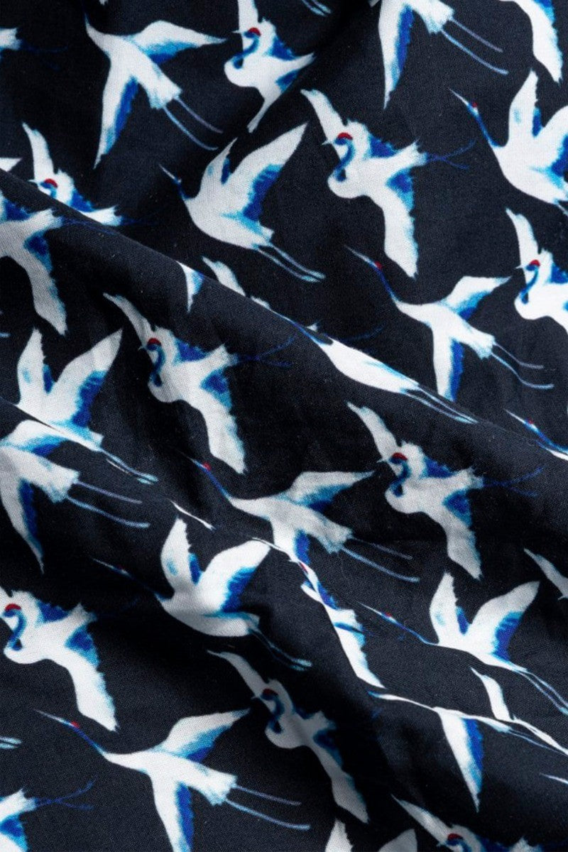 Men's Cotton Bird Pattern Long Sleeve Shirt - Blue Black