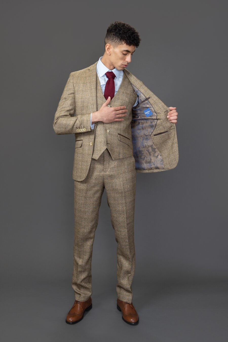 Men's Tweed Windowpane Check Suit - LIAM Beige - Beige