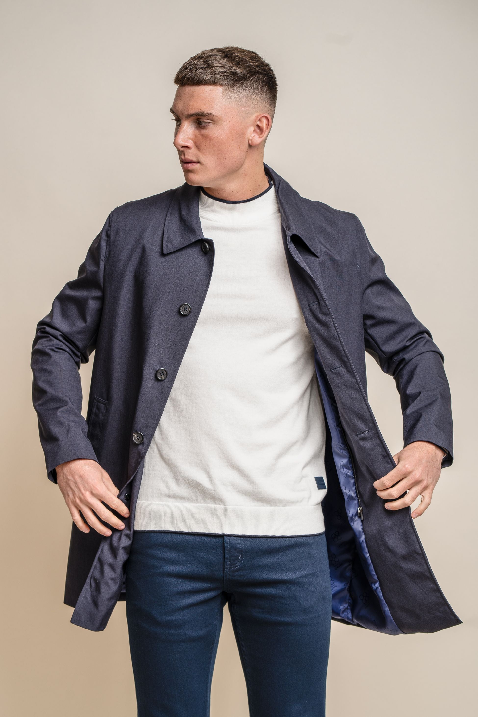 Men's Midi Length Geke Coat with Removable Zipper - BRANDO - Navy Blue