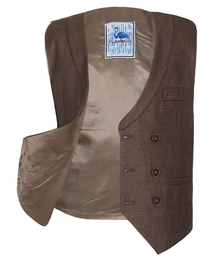 Men's and Boys Tweed Check Waistcoat Set - Maroon- Brown