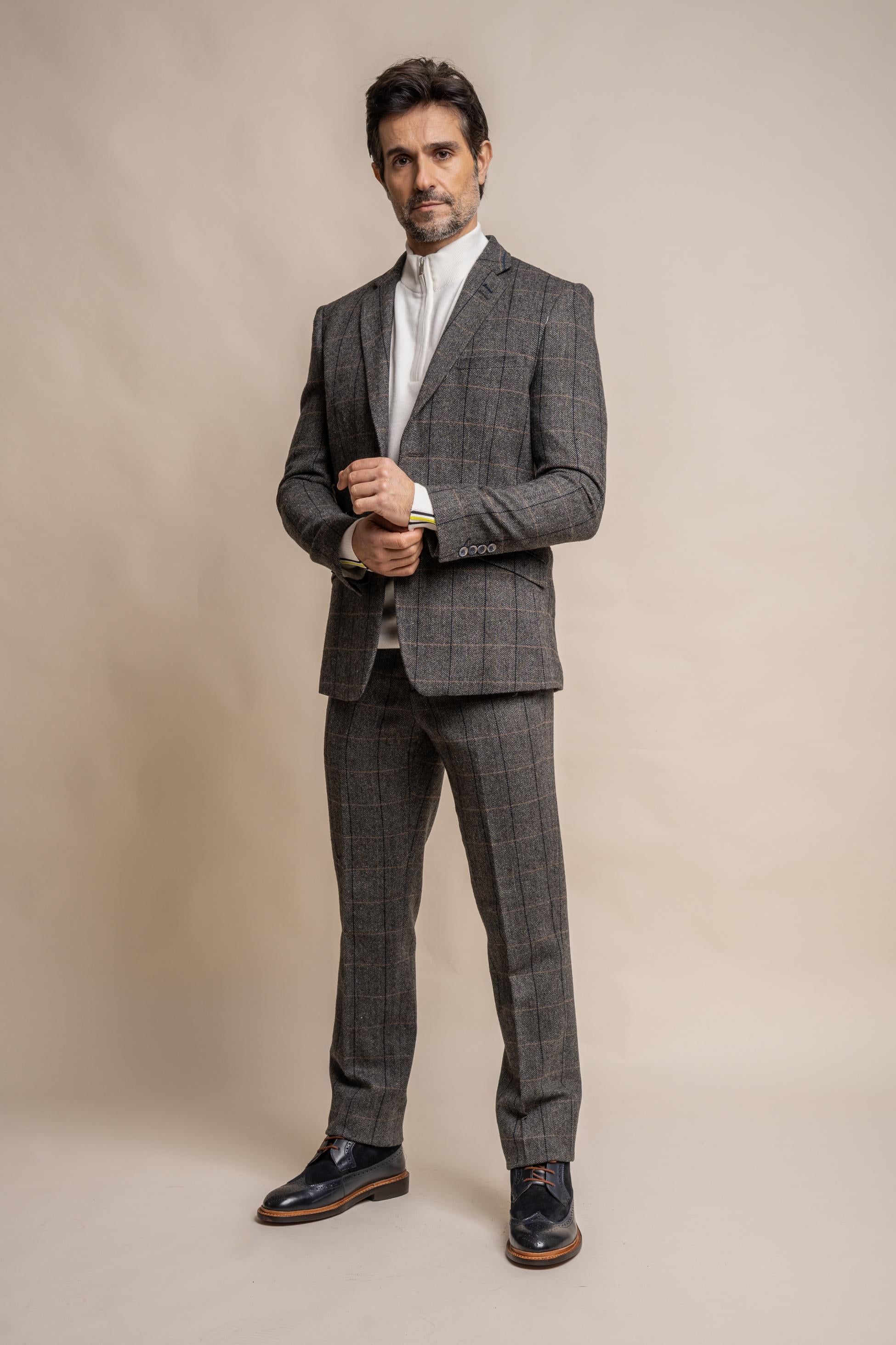 Men's Wool Blend Herringbone Check Suit Jacket - Albert - Grey