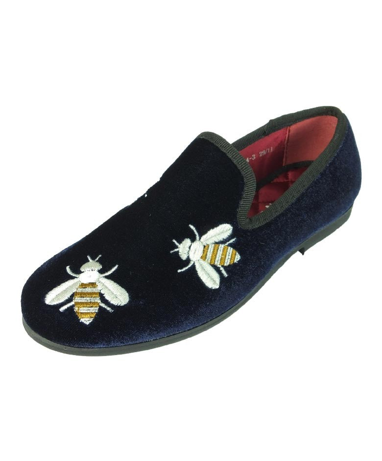 Boys Velvet Bee Embroidered Slip On Loafers - Navy Blue