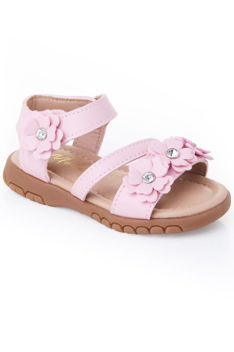 Little Girls’ Floral Sandal Shoes with Rhinestones - ARABELLA - Pink