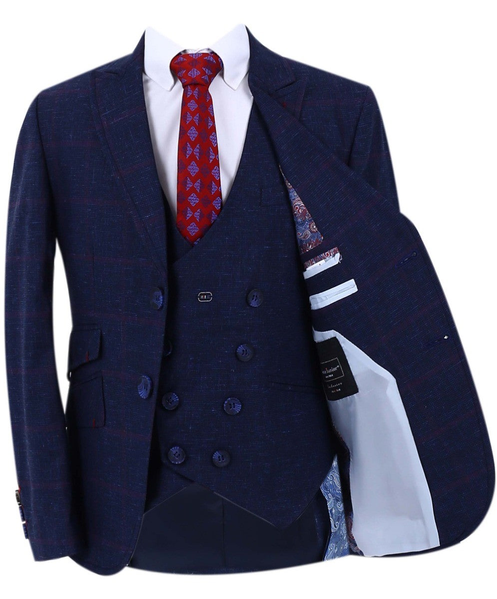 Boys Retro Check Slim Fit Formal Suit - Dark Blue