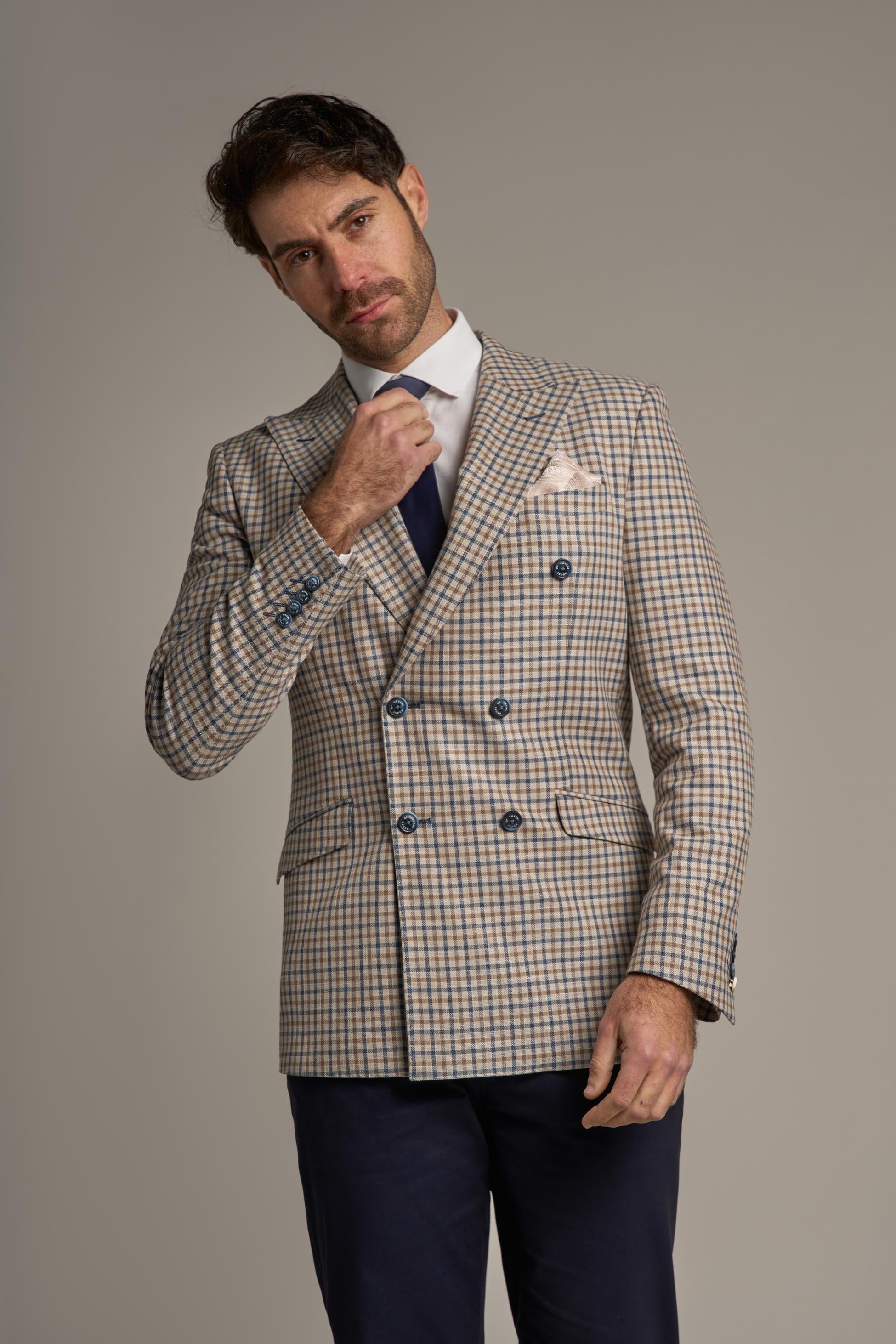 Men’s Double Breasted Checkered Beige Plaid Blazer – SERGIO - Beige